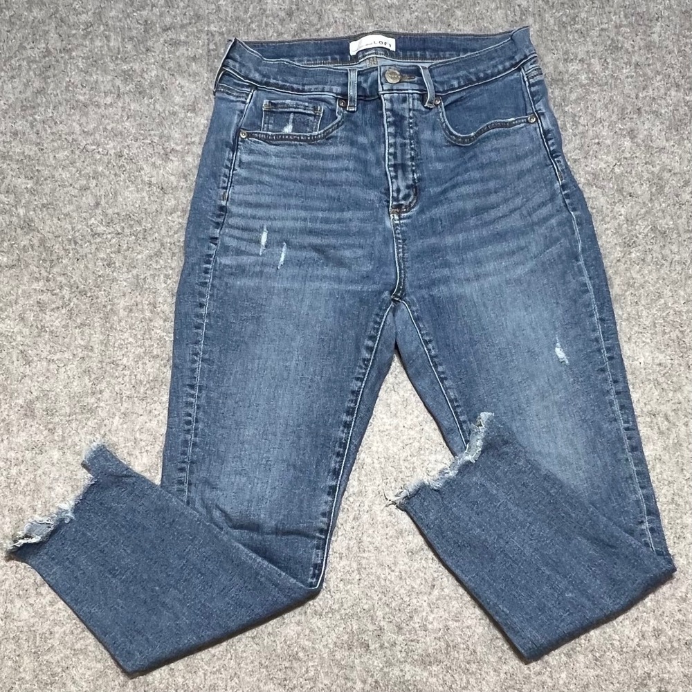 Loft High Waist Skinny Jeans Medium Wash Distressed Raw Hem Size 28/6